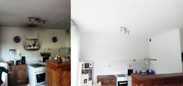 Réfection d'une cuisine après un début d'incendie de friteuse .